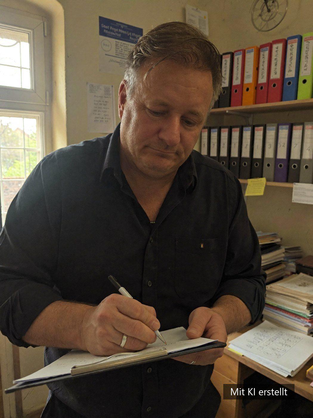 Ole Adrian notiert bei der KI-Beratung, welche Arbeitsschritte im Betrieb die meiste Zeit kosten