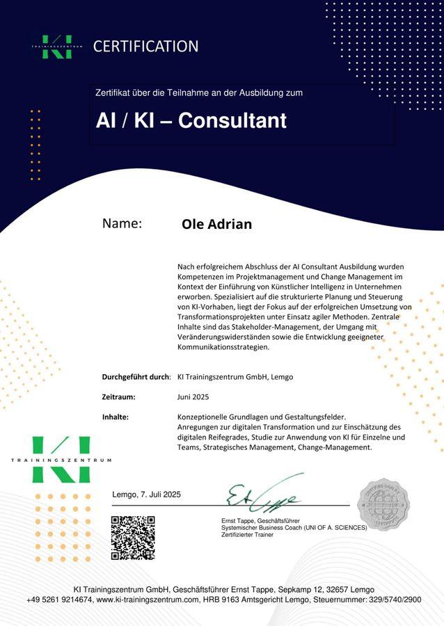 AI/KI Consultant, KI-Trainingszentrum, Juli 2025