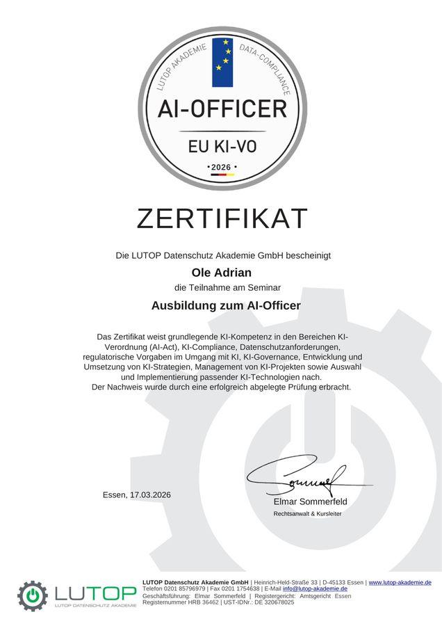 AI-Officer, LUTOP Datenschutz Akademie, März 2026