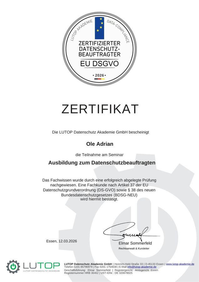 Datenschutzbeauftragter mit Fachkunde nach Art. 37 DSGVO